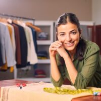 Krojačka radnj, vlasnica naslonjena na pult gleda u kameru sa osmehom