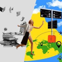 Ilustracija prelaska iz kancelarije u svet odmora i putovanja - koferi, avion, more, putokazi...