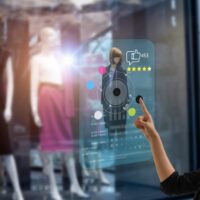 Žena ispred izloga radnje u kojoj se prodaje ženska garderoba, na ijem izlogu postoji inovativna tehnološka mogućnost da se obavi e-shoping. Verovatno kada prodavnica ne radi.