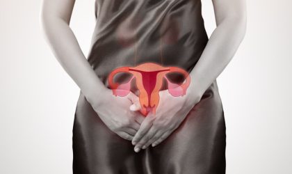 Ženska figura. Žena je ukstila šake u predelu genitalnih organa, kao znak zaštite. Na figuri je ilustracija ženskih genitalnih organa.