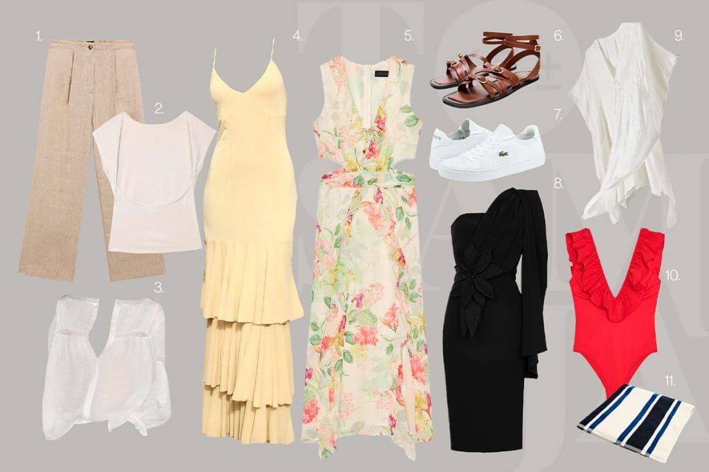 Izbor odeće za leto, bež pantalone, bela ko&scaron;ulja, žuta haljina sa karnerima, crveni kupaći kostim, braon sandale sa kai&scaron;ičicima.