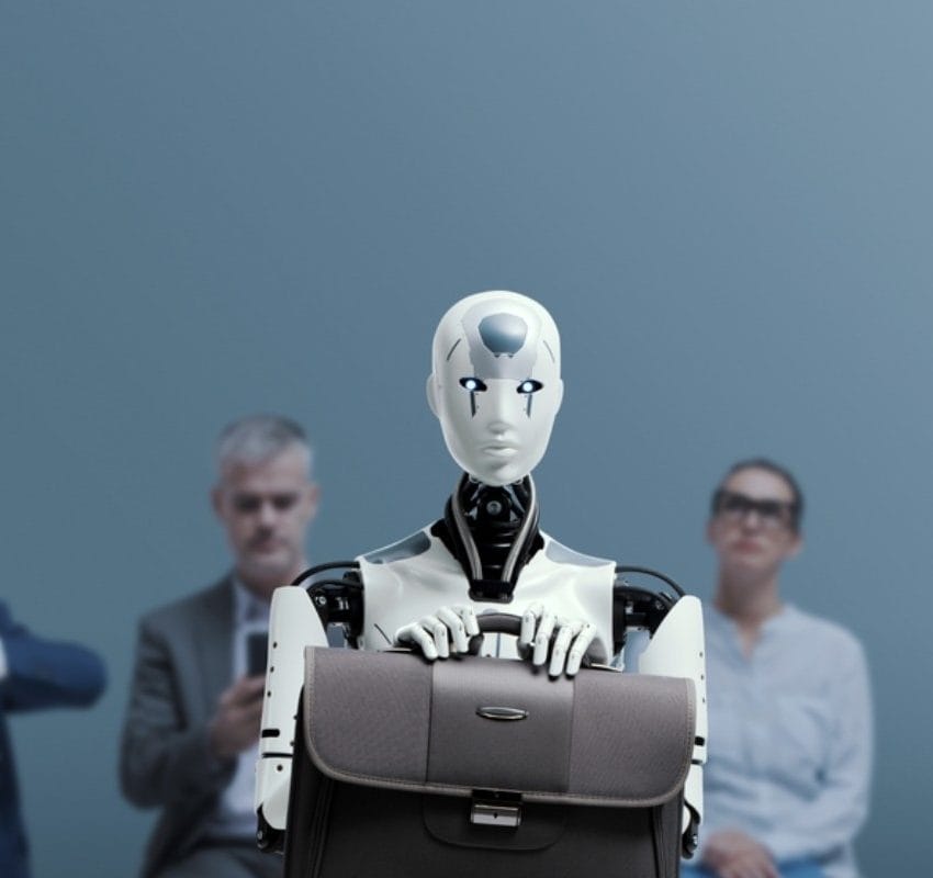 Robot sedi na stolici sa poslovnom tasnom, u pozadini se vide dva poslovna muškarca, a sa desne strane sede dve žene.