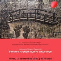 Plakat za izložbu prof. Miška Pavlovića, vidi se crveni balon, kaktusi, most.