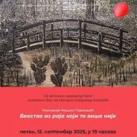 Plakat za izložbu prof. Miška Pavlovića, vidi se crveni balon, kaktusi, most.