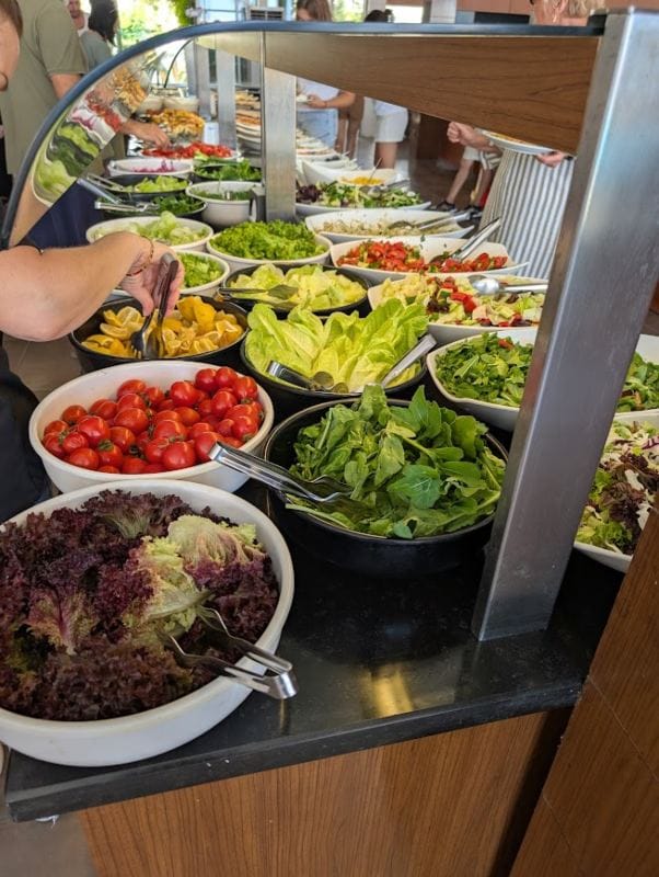 Bar sa bezbroj salata, u nastavku se vidi obilje druge hrane.