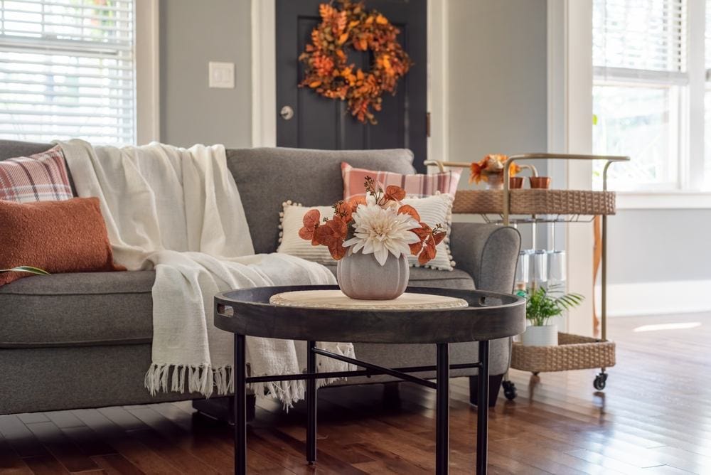 Manja dnevna soba, sivo, bež, udobna sofa, jastučići, prebačeno ćebe. Stočić na kome je vaza sa cvećem.