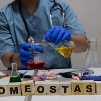 Metaforična ilustracija homeostaze. Doktor u aboratoriji mućka hemikalije, na stolu su mali modeli organa.