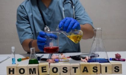 Metaforična ilustracija homeostaze. Doktor u aboratoriji mućka hemikalije, na stolu su mali modeli organa.