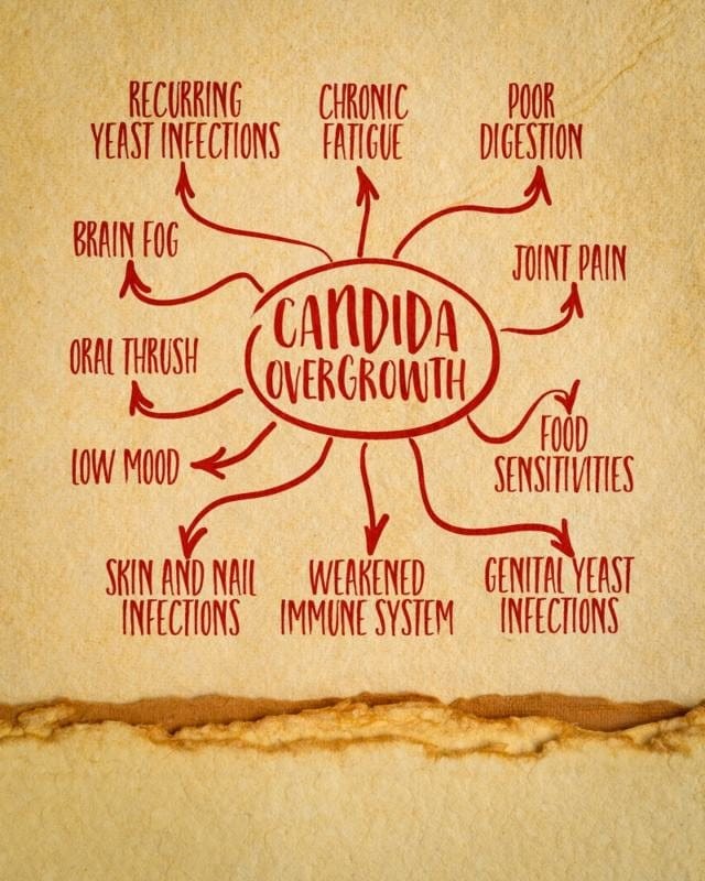 Poster sa mogućim simptomima koje izaziva kandida.