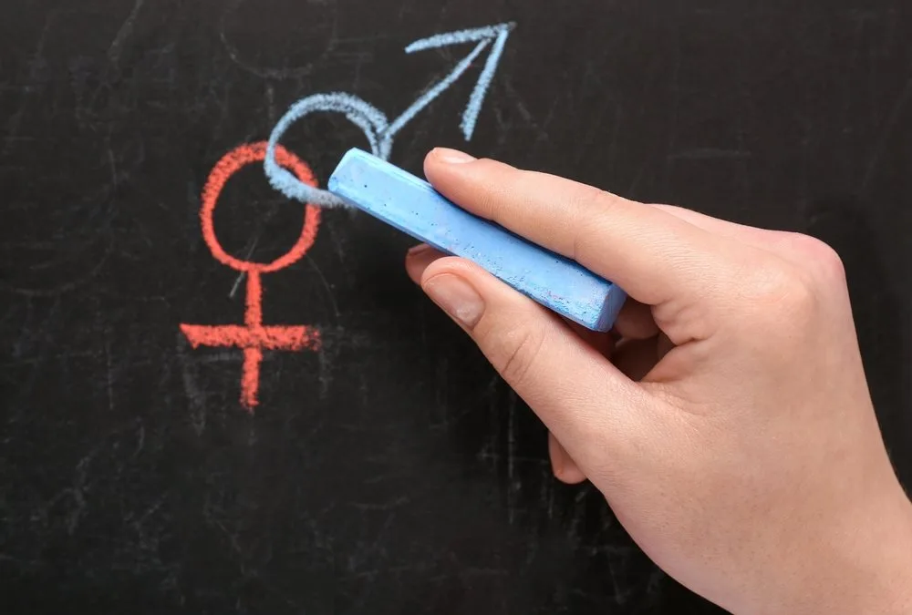 Simboli muško/žensko nacrtani kredom na tabli. Ženski znak je crveni kružić na koji je dodat krstić, a na muški plavi krug je dodata strelica.