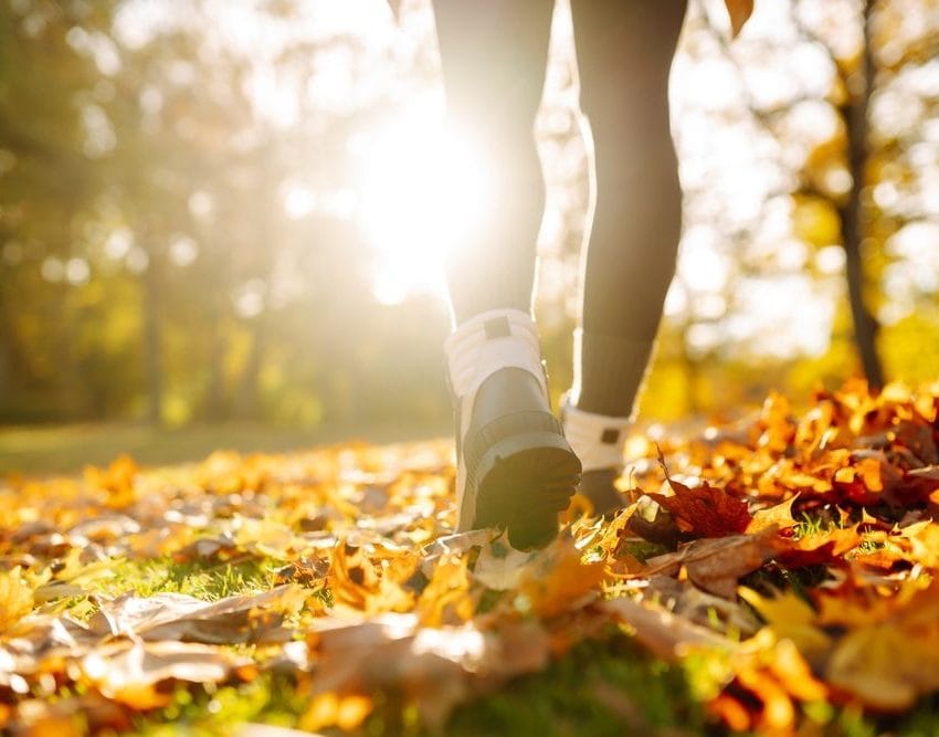 Vide se ženske noge. Hoda po šumi, jesen je, ima puno žutog lišća, nosi helanke i patike.