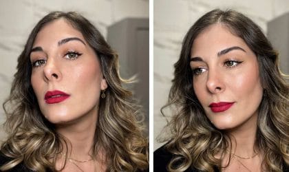 Žena našminkana za coropo događaj, svetlucava senka i crveni karmin dominiraju.