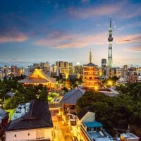 Pogled na Tokio iz vazduha, vide se zgrade i nekoliko hramova.