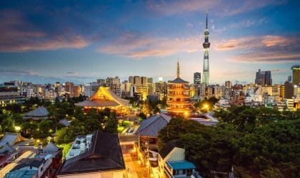 Pogled na Tokio iz vazduha, vide se zgrade i nekoliko hramova.