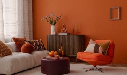 Dnevna soba sa detaljima boje terakote, zid, fotelja i jastučići na svetlo bež sofi. Tepih, vazna su isto bež. Stočić i komoda su braon boje.