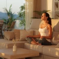 Žena meditira na kauču u dnevnoj sobi.