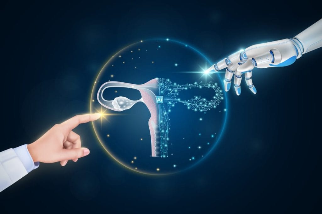 Ilustracija ženskih reproduktivnih organa, s aleve strane je kako izgleda u prirodi i taj deo dodiruje ljudska ruka. Sa desne strane je kao elektronski deo organa koji su oblika prirodnih i taj deo dodiruje ruka robota.