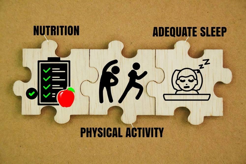 Pazl kockice, koje prikazuju da se ishrana, fizička aktivnost i pravilan odmor-san, ne mogu razdvajati.
