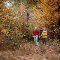 Par srednjih godina, drži se za ruke i kroz šumu šeta sa psom. Zrela ljubav.