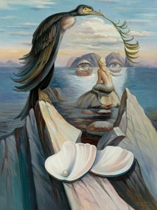 Fotografija na osnovu koje se radi psihološki test, nazire, muška glava, ptica grančica, školjke, nimfa...