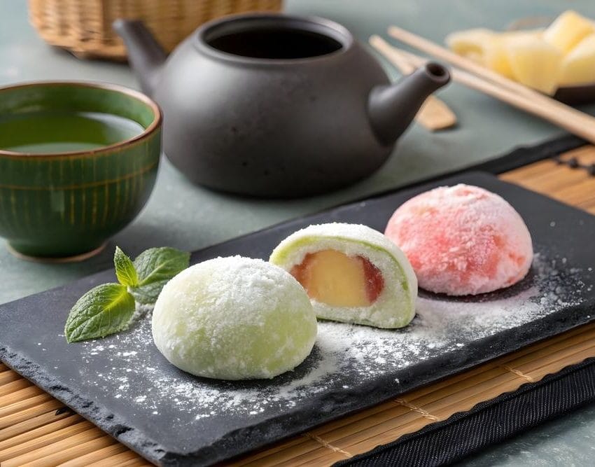 Japanski gumasti moči kolačići pastelnih boja sa raznim punjenjem, kao mali jastučići postavljeni su na drvenu dasku. U pozadini je čajnik i šolja čaja.