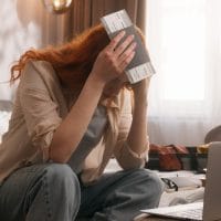 Putnica sedi u hotelu, drži pasoš, uhvatila se za glavu, letovi otkazani...