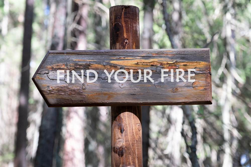 Drveni znak u šumi na kome je natpis na engleskom...find your fire-nađi svoju vatru.