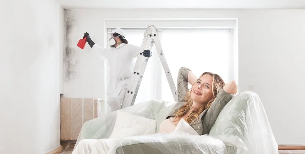 Profesionalac u zaštitnoj opremi tretira kalup na zidu.