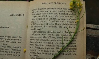 Otvorena knjiga Gordost i Predrasude sa presovanim cvetom me]u stranicama.