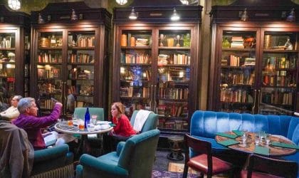 Prijatan salon hotela sa bibliotekom.