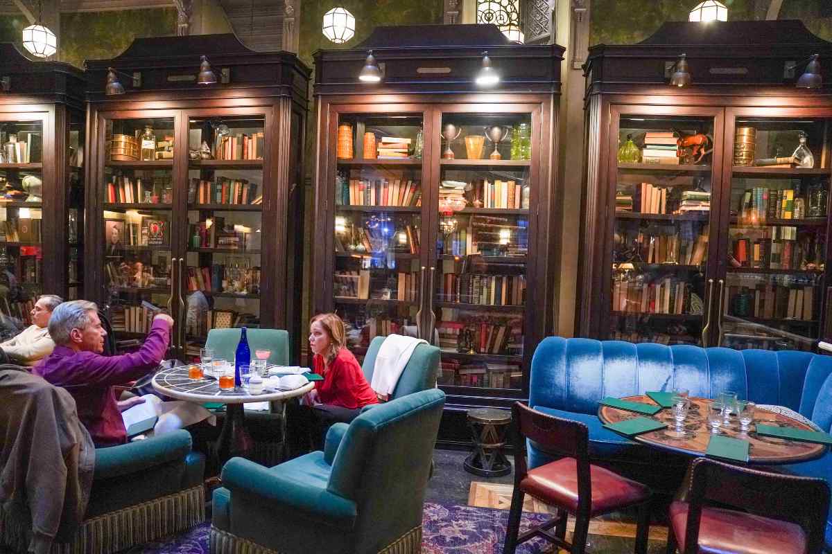 Prijatan salon hotela sa bibliotekom.