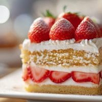 Komad kolača od jagod ena tanjiru, vidi se presek, baza, slojevi krema i jagoda.