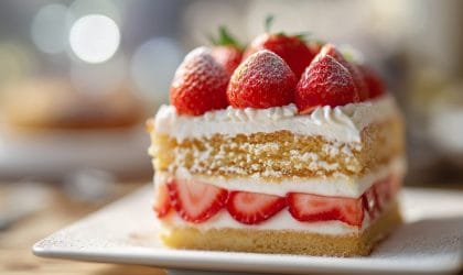 Komad kolača od jagod ena tanjiru, vidi se presek, baza, slojevi krema i jagoda.