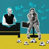 Šef drži monolog, body language mlađe koleginice pokazuje da se dosađuje.