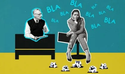 Šef drži monolog, body language mlađe koleginice pokazuje da se dosađuje.