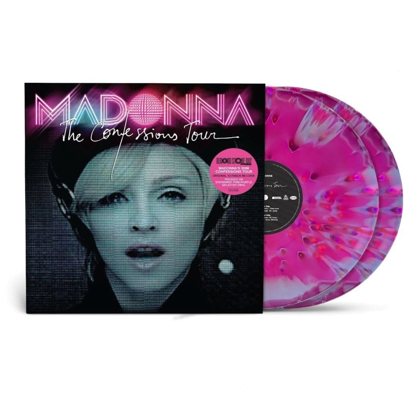 Omot Madoninog ovogodi&scaron;njeg vinil albu,a. Madona crno-bela fotografija na crnoj pozadini, dok iz omota viri roze vinil ploča.