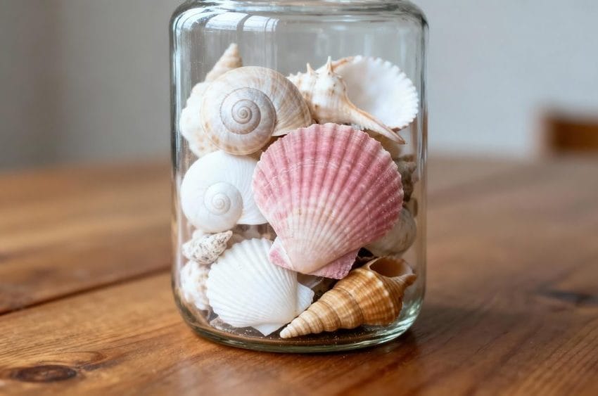 Staklena tegla napunjena školjkama.