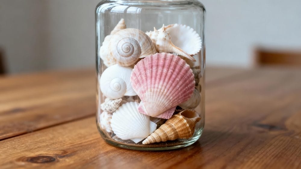 Staklena tegla napunjena školjkama.