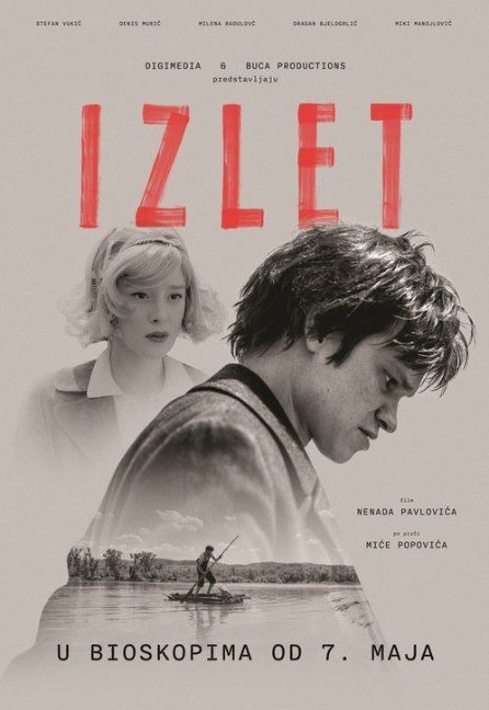 Plakat za film Izlet. Crtež, dečak pognute glave u pozadini se vidi devojka.