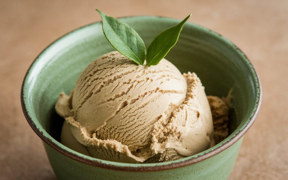 Hojicha, smeđi sladoled od zelenog čaja, serviran u činiji.
