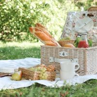 Piknik u prirodi, korpa sa hranom i pi'em na ćebetu na travi