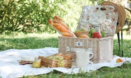 Piknik u prirodi, korpa sa hranom i pi'em na ćebetu na travi