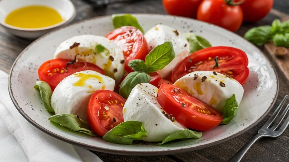 Kapreze salata, paradajz, mocarela i nana na tanjiru.