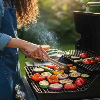 Devojka stoji uz roštilj i peče razno povrće.