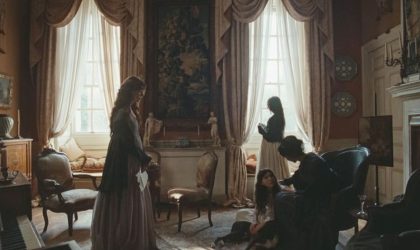 Scena iz filma, žene u saloncu u dugim haljinama.
